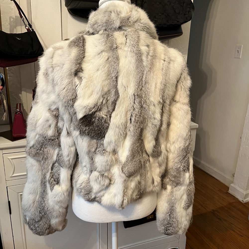 Adrienne Landau Rabbit Fur Jacket White & Grey Like New - Picture 2 of 10